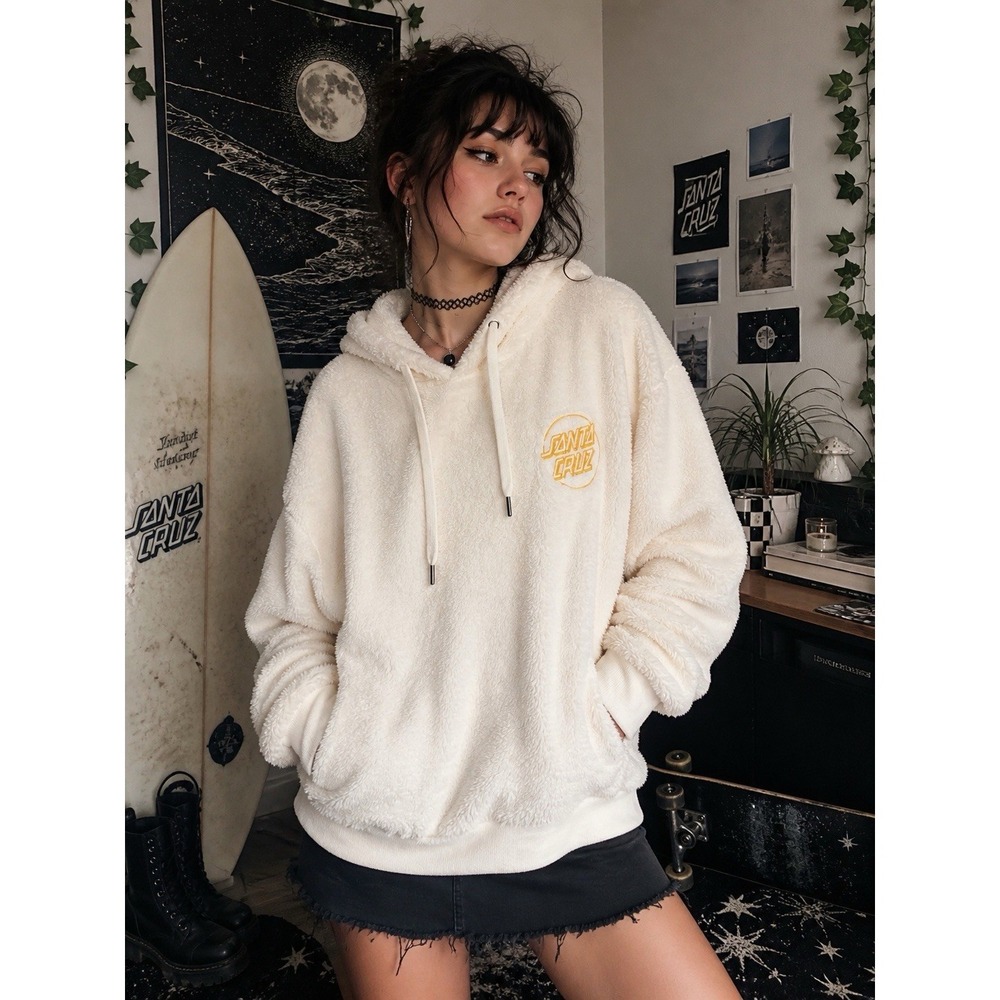 Santa Cruz Sherpa Hoodie Medium Cream Fleece Pullover Skate Logo Cozy Surf EUC